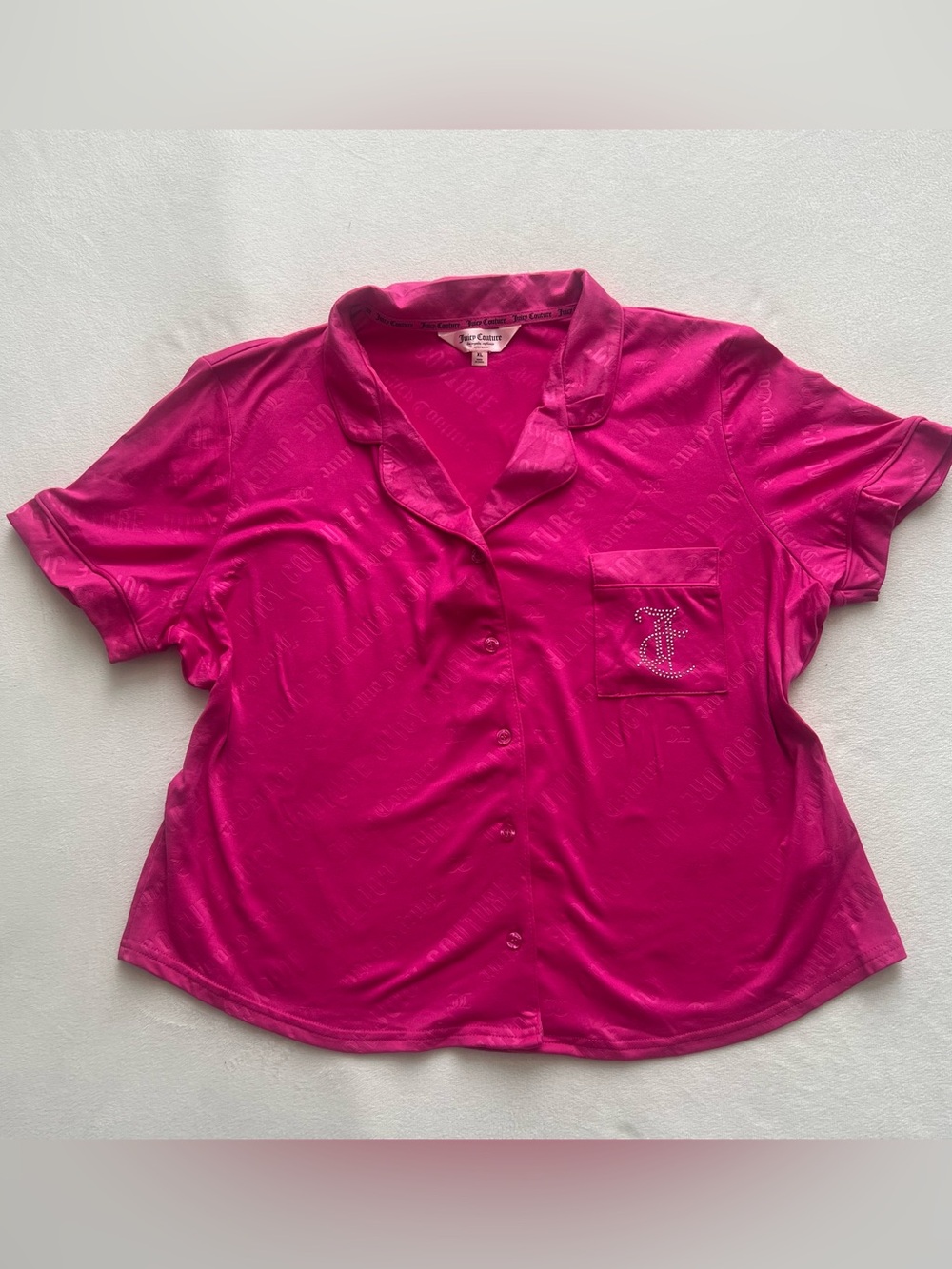 Juicy Couture 🎀 Sleep Shirt Button Up Rhinestone Crystals Hot Pink Y2K